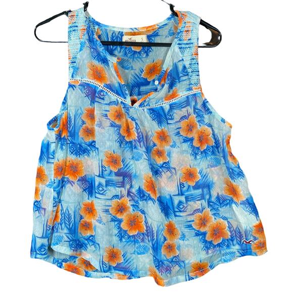 Hollister Womens Shirt Blue Orange Blouse Sheer Floral V Neck Peplum Sheer S - Picture 1 of 11